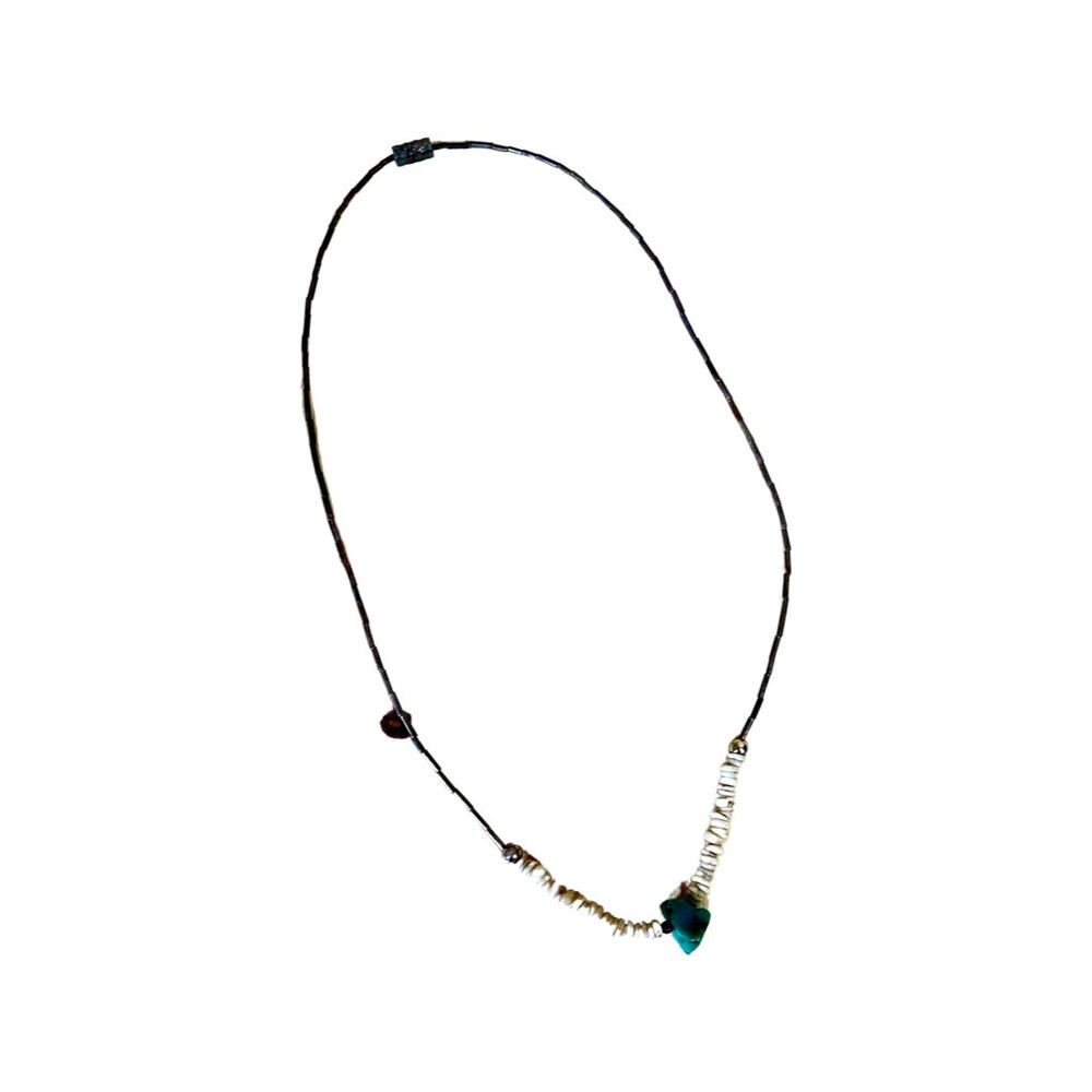 Vintage Turquoise Necklace, Silver and Shell Chip Choker Necklace